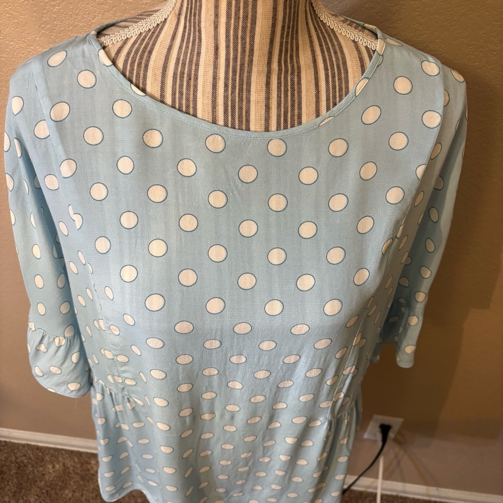 Boden Blouse Sz 12 Caroline Lt Blue White Polka Dot Peplum Viscose Cottagecore - Picture 3 of 16
